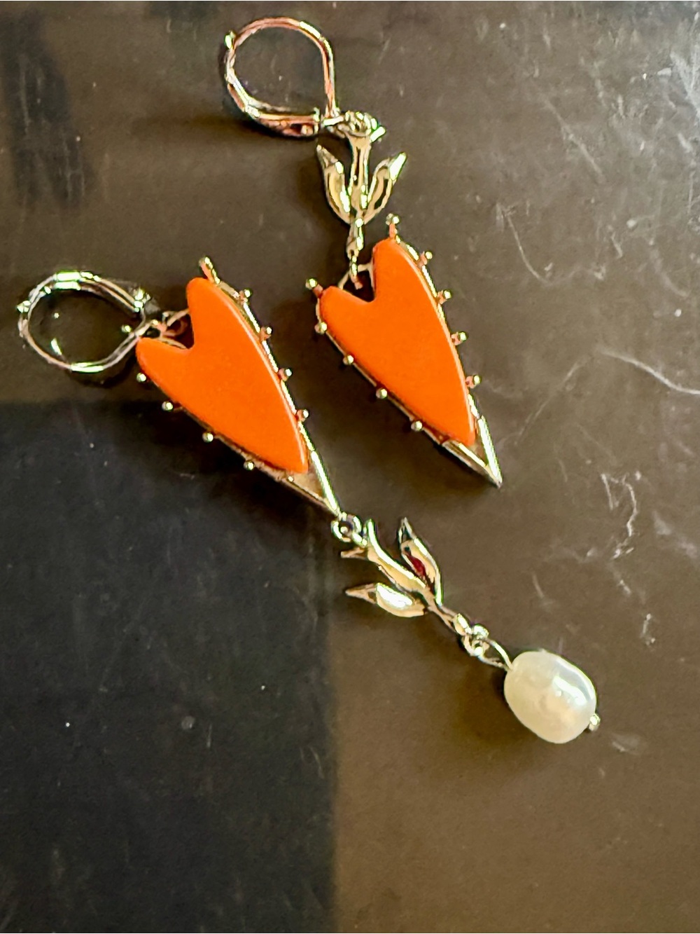 Orange Heart Mix Match Drop Earrings with Pearl Accent